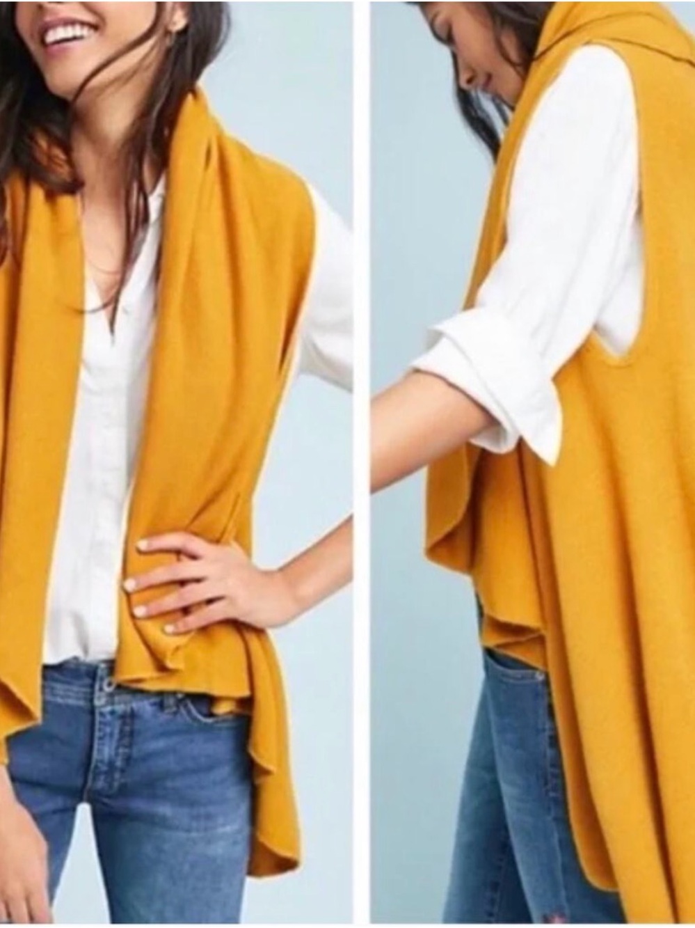 Anthropologie Moth Cascading One-size Mustard Yellow Draped Open-Front Vest
